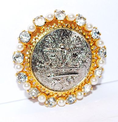 Silver & Gold 2-Tone CROWN BROOCH / PENDANT COMBO (2" Diam.) - Marked "©CASILE CLIFF" - with Faux White Pearls and...