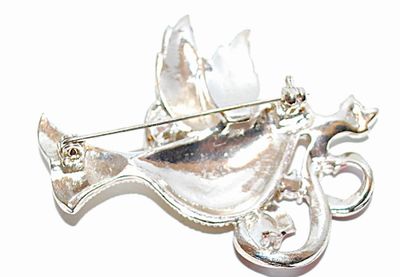 Ornate Beige Holiday BIRD BROOCH (2" x 2") with Swirling Red Ribbons and Bejeweled Outlines on a Silver Tone Setting