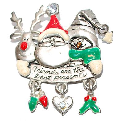 Santa, Reindeer & Snowman HOLIDAY BROOCH (2" x 1¾") "Friends are the best presents" on a Silver Tone Setting