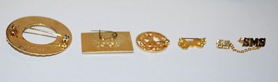 Collection of 5 BROOCHES / PINS Including Pearl on Circle, Bowtie, Wall of China Scene, Letters " SMS" & # "80"