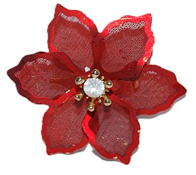 Vintage RED PONTSETTIA FLOWER BROOCH (2" Diam.) with 6 "Screen"-Style Petals and Gold Colored Stamens + Center Clear Stone
