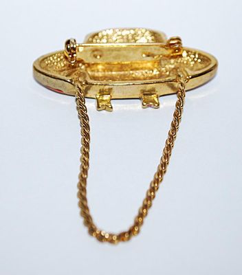 Enameled RED HAT BROOCH (1¾" x ¾") with Gold Colored CHAIN & PURPLE RIBBON BOW on a Gold Tone Setting