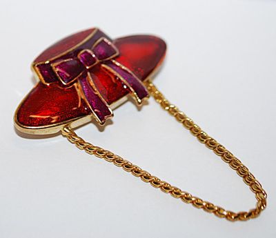 Enameled RED HAT BROOCH (1¾" x ¾") with Gold Colored CHAIN & PURPLE RIBBON BOW on a Gold Tone Setting
