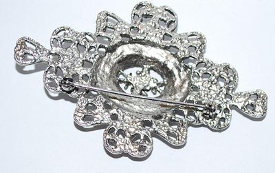 Silver Colored BANNER BROOCH (3" x 2") with Tiny Purple, Green, Amber and Blue Center Stones on a Silver Tone Setting