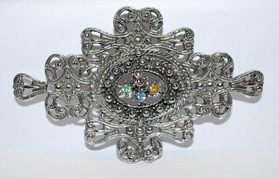 Silver Colored BANNER BROOCH (3" x 2") with Tiny Purple, Green, Amber and Blue Center Stones on a Silver Tone Setting