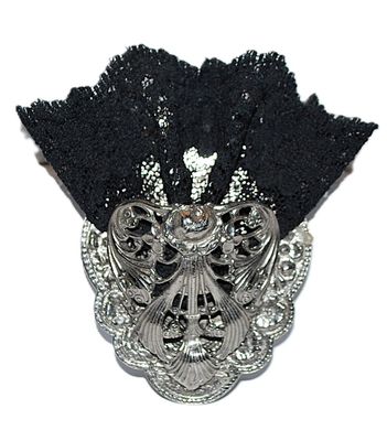 Unique Large Silver Colored VASE-STYLE BROOCH (3" x 3") with BLACK LACE Fabric on an Oval Shaped Silver Tone Setting