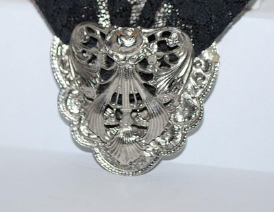 Unique Large Silver Colored VASE-STYLE BROOCH (3" x 3") with BLACK LACE Fabric on an Oval Shaped Silver Tone Setting