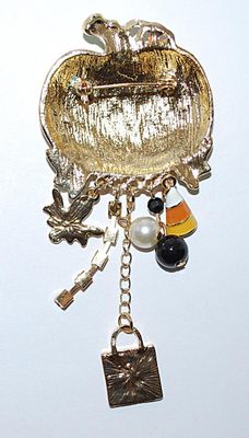 Orange, Black & Green PUMPKIN HEAD BROOCH (4" x 1½") with "Trick or Treat" Sign, Candy Corn Ghost, Globes and Red...