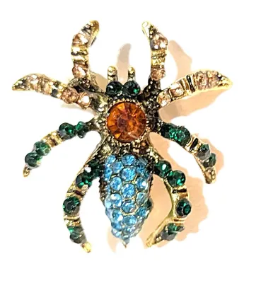**NEW ARRIVAL** Jeweled BLUE, AMBER & GREEN STONES SPIDER BROOCH (1¼" x 1¼") with Green and Blue Body on a...