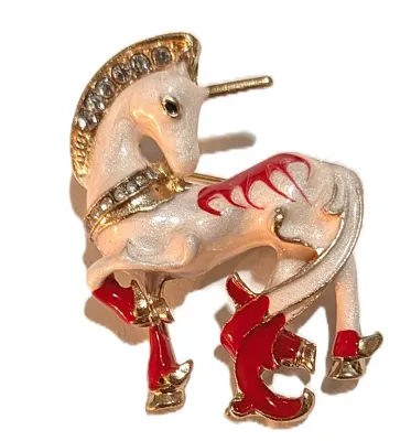 **NEW ARRIVAL** Small Enameled RED & WHITE UNICORN BROOCH (1½" x 1¼") with Jeweled Mane and Gold Colored Horn & Feet on...