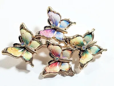 **NEW ARRIVAL** Enameled SET of 4 MULTICOLOR BUTTERFLIES BROOCH (2" x 1½") Each with Single Iridescent Center Stone on a Gold...