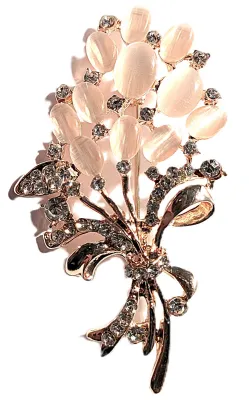 **NEW ARRIVAL** CHAMPAGNE Colored Oval Stones FLOWER SPRAY BROOCH (2½" x 1¼") with Clear Stone Accents and Stems & Leaves...