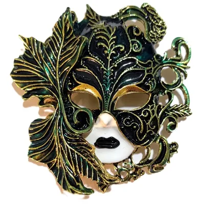 **NEW ARRIVAL** Large DARK GREEN & GOLD "MASK" BROOCH (2¾" x 2½") with White Colored Mouth and Black Eyebrows on...