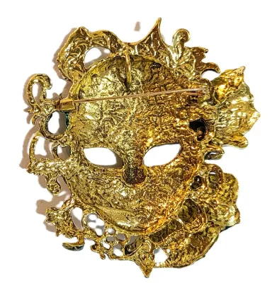 **NEW ARRIVAL** Large DARK GREEN & GOLD "MASK" BROOCH (2¾" x 2½") with White Colored Mouth and Black Eyebrows on...