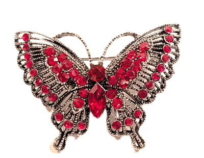 **NEW ARRIVAL** Medium Size RED JEWELED BUTTERFLY BROOCH (2" x 1½") with Rows of Red Stones and Silver Colored Wings on a...