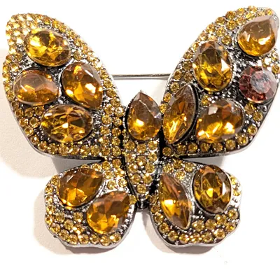**NEW ARRIVAL** All AMBER STONES BUTTERFLY BROOCH (1¾" x 1½") with Large Amber Teardrop Beveled Stones and Tiny Accent Body...