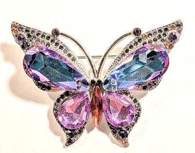**NEW ARRIVAL** Beautiful IRIDESCENT Large Teardrop Stones BUTTERFLY BROOCH (2¼" x 1¾") with Jeweled Purple & Amber Wings...