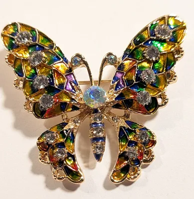 **NEW ARRIVAL** Beautiful Multicolored Jeweled BUTTERFLY BROOCH (2" x 1¾") with Enameled Green, Blue and Amber Colored Wings...