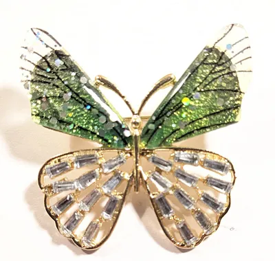 **NEW ARRIVAL** GREEN Acrylic WINGS BUTTERFLY BROOCH (1½" x 1¼") with Clear Baguette Stones Lower Wings on a Gold Tone Setting