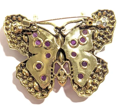 **NEW ARRIVAL** Beautiful LARGE PURPLE Ribbed ACRYLIC BUTTERFLY BROOCH (2½" x 2") with Citrine Stone "Feelers", Round...