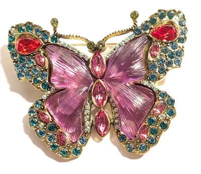 **NEW ARRIVAL** Beautiful LARGE PURPLE Ribbed ACRYLIC BUTTERFLY BROOCH (2½" x 2") with Citrine Stone "Feelers", Round...