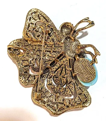 **NEW ARRIVAL** Beautiful Large Bejeweled Side-View TURQUISE & BLUE STONES BUTTERFLY BROOCH (3" x 2½") on a...
