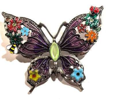 **NEW ARRIVAL** LARGE Beautiful Multicolor FLOWER BUTTERFLY BROOCH (3½" x 3") with Purple Wings Adorned with Colored Flowers...