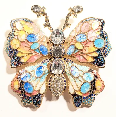 **NEW ARRIVAL** Beautiful Large Ceramic PINK & BLUE BUTTERFLY BROOCH (3" x 2¾") with Pink, Yellow and Blue Ovals, Clear...