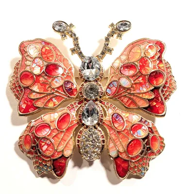 **NEW ARRIVAL** Beautiful Large Ceramic VERY RED BUTTERFLY BROOCH (3" x 2¾") with Red Ovals, Clear Stones Body &...