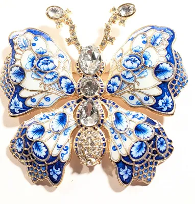 **NEW ARRIVAL** Beautiful Large Ceramic BLUE & WHITE BUTTERFLY BROOCH (3" x 2¾") with Blue and White Flowers, Clear Stones...