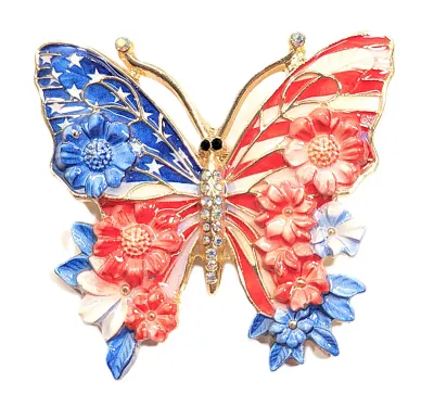 **NEW ARRIVAL** Beautiful RED, White & Blue USA Flag Enameled BUTTERFLY BROOCH (2½" x 2") with Iridescent Body, Black Eyes...