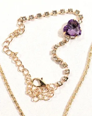 *NEW ARRIVAL* LAVENDER Colored Bejeweled HEART JEWELRY SET/NECKLACE (17" L + Clear Stones Surround+Gold Tone Interlocking Links...