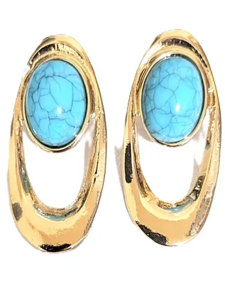*** NEW ARRIVAL *** "BLUE OVAL TURQUOISE" STONE JEWELRY SET with Choker NECKLACE (14" L, Single PENDANT + Gold Tone...