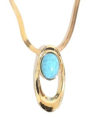 *** NEW ARRIVAL *** "BLUE OVAL TURQUOISE" STONE JEWELRY SET with Choker NECKLACE (14" L, Single PENDANT + Gold Tone...