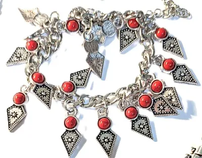 *** NEW ARRIVAL *** Showy Silver Colored RED STONE "TURQUISE STYLE" JEWELRY SET with Choker NECKLACE (12" L + Silver Tone...