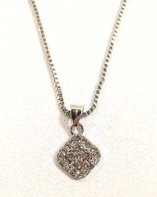 *** NEW ARRIVAL *** DELICATE Jeweled SILVER COLORED JEWELRY SET with NECKLACE (18" L, Jeweled SQUARE PENDANT, Silver Tone Small...