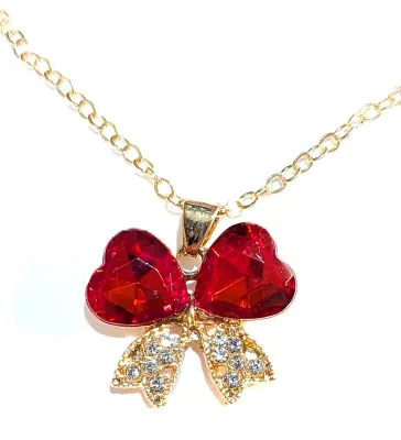 *** NEW ARRIVAL *** DOUBLE RED HEART STONES JEWELRY SET (NECKLACE (15" L + "Bowtie" PENDANT + Gold Tone Chain/Lobster...