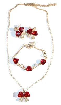 *** NEW ARRIVAL *** DOUBLE RED HEART STONES JEWELRY SET (NECKLACE (15" L + "Bowtie" PENDANT + Gold Tone Chain/Lobster...