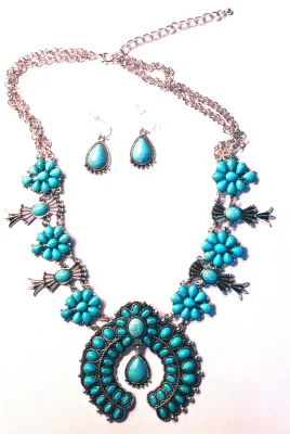 *** NEW ARRIVAL *** Showy BLUE TURQUIOSE STONES JEWELRY SET with Choker NECKLACE (14" L + Silver Tone DOUBLE Chain/Lobster Clasp)...