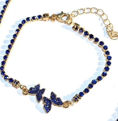 *** NEW ARRIVAL *** BLUE STONES BUTTERFLIES JEWELRY SET with Choker NECKLACE (13" L + 2 Butterflies + Gold Tone/CONTINUOUS STONES...