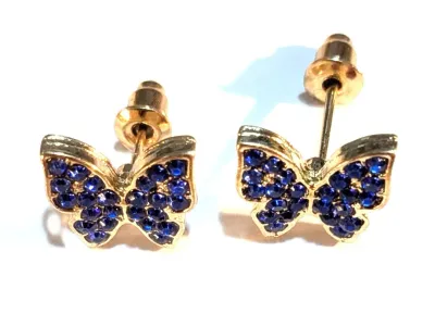 *** NEW ARRIVAL *** BLUE STONES BUTTERFLIES JEWELRY SET with Choker NECKLACE (13" L + 2 Butterflies + Gold Tone/CONTINUOUS STONES...