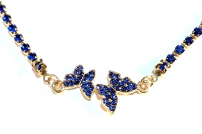 *** NEW ARRIVAL *** BLUE STONES BUTTERFLIES JEWELRY SET with Choker NECKLACE (13" L + 2 Butterflies + Gold Tone/CONTINUOUS STONES...