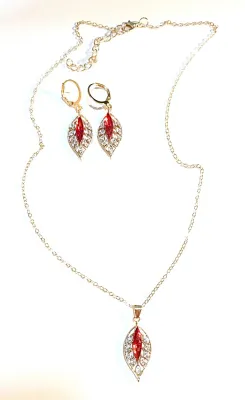 *** NEW ARRIVAL *** Slender RED STONE LEAF JEWELRY SET with NECKLACE (17" L + PENDANT + Gold Colored Delicate Chain/Lobster Clasp) +...