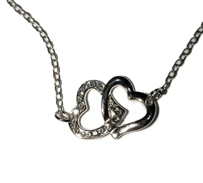 *** NEW ARRIVAL *** Silver Tone BEJEWELED DOUBLE INTELOCKING HEARTS JEWELRY SET with NECKLACE (15" L + Chain/Lobster Clasp) &...
