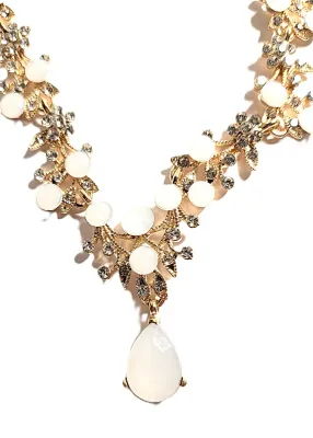 *** NEW ARRIVAL *** Opaque "WHITE STONES" JEWELRY SET with Chocker NECKLACE (12" L, Clear Accent Stone Flowers + Gold Tone...