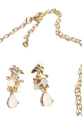 *** NEW ARRIVAL *** Opaque "WHITE STONES" JEWELRY SET with Chocker NECKLACE (12" L, Clear Accent Stone Flowers + Gold Tone...
