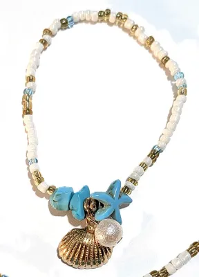 *** NEW ARRIVAL *** Colorful Beaded SEASHORE JEWELRY SET with NECKLACE (15" L + Turquoise Starfish + MATCHING STRETCH BRACELET...