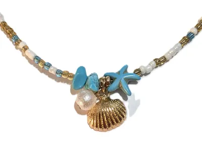 *** NEW ARRIVAL *** Colorful Beaded SEASHORE JEWELRY SET with NECKLACE (15" L + Turquoise Starfish + MATCHING STRETCH BRACELET...
