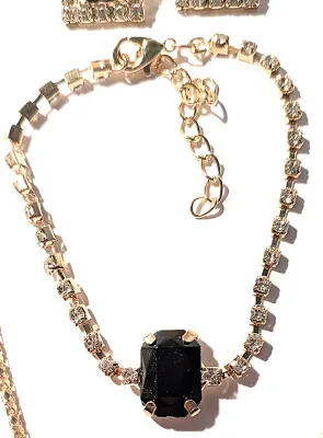 *** NEW ARRIVAL *** BLACK Rectangle 4-Prong Stone JEWELRY SET with NECKLACE (16" L + Gold Tone Chain/Clasp) & BRACELET (Jeweled...