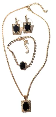 *** NEW ARRIVAL *** BLACK Rectangle 4-Prong Stone JEWELRY SET with NECKLACE (16" L + Gold Tone Chain/Clasp) & BRACELET (Jeweled...